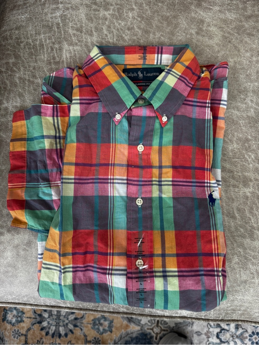 New Large Ralph Lauren Summer Plaid Cotton Button-Down Short Sleeve Shirt